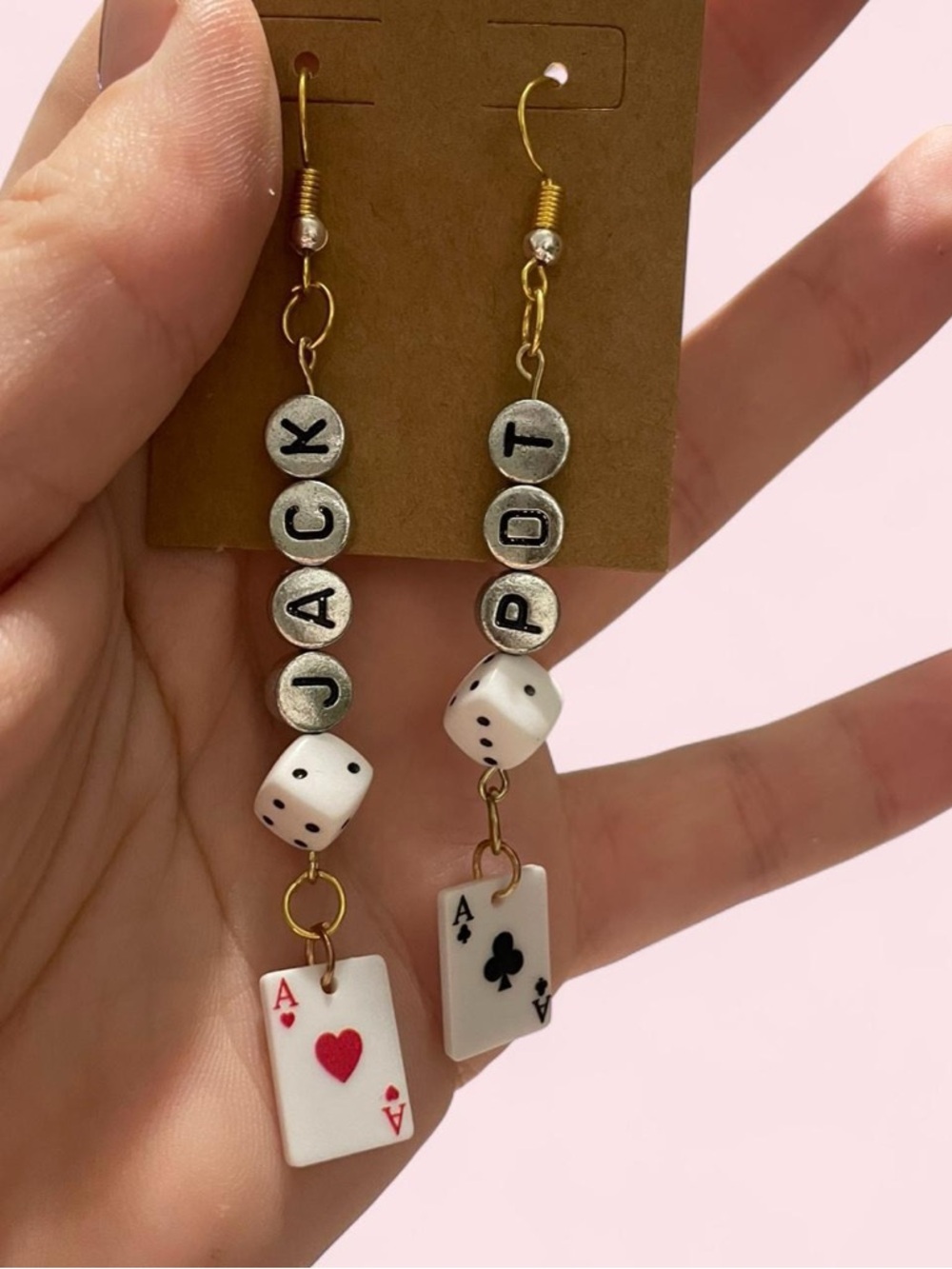 Custom Jackpot Poker Ace Dangle Earrings - Silver & White